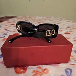 Valentino Black Rectangular Sunglasses with Gold Logo Accent